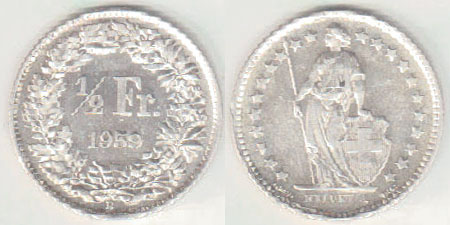 1959 Switzerland silver 1/2 Franc A000209